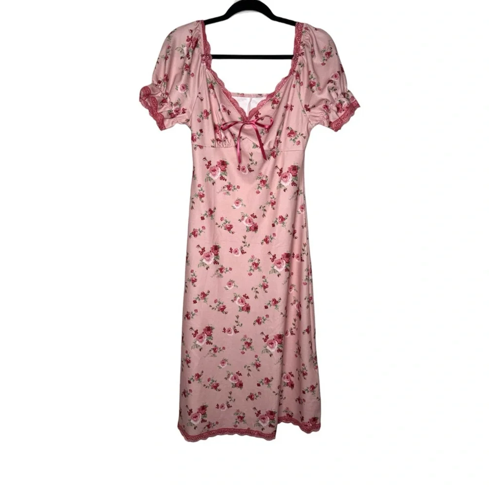 CIDER pink floral square neck knit midi dress lace trim y2k whimsical cottage